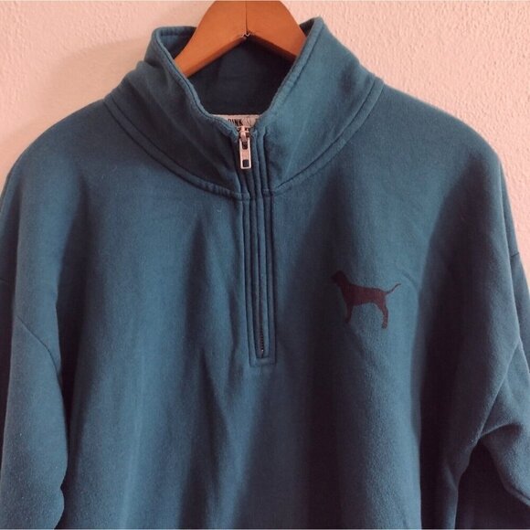 Victorias Secret PINK Quarter Zip Green Long Sleeve Pullover Sweatshirt - Picture 2 of 6